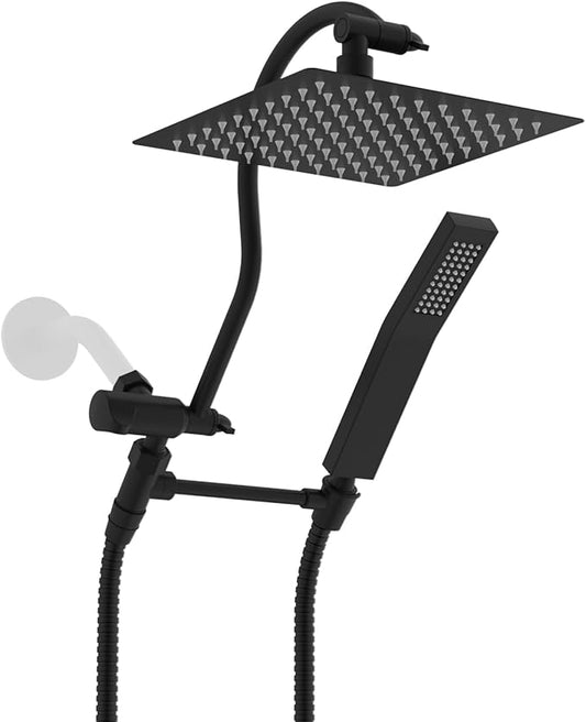 Hibbent All Metal Shower Head, 8'' High Pressure Rainfall Shower Head, Showerhead Combo, Handheld Shower Wand, 12'' Adjustable Curved Shower Extension Arm, 71'' Hose, Shower Head Holder, Matte Black