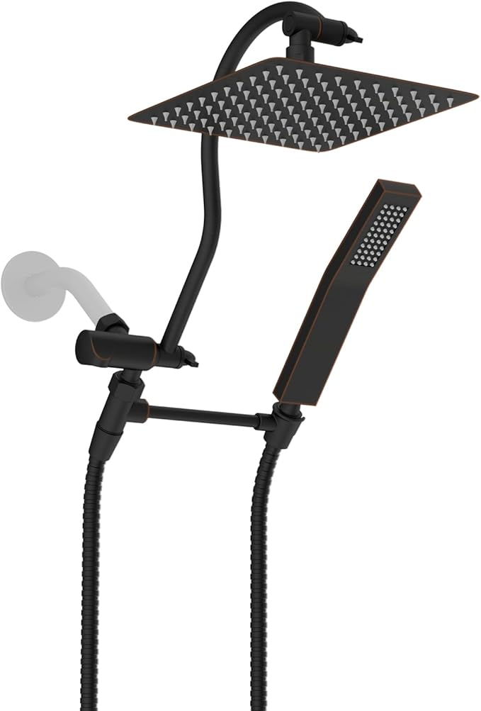 Hibbent All Metal Shower Head, 8'' High Pressure Rainfall Shower Head, Showerhead Combo, Handheld Shower Wand, 12'' Adjustable Curved Extension Arm, 71'' Hose, Shower Head Holder, Oil Rubbed Bronze