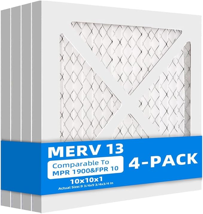 (4 Pack) 10x10x1 Furnace Air Filters, MPR 1900 & FPR 10, MERV 13 Pleated Air Filter (Actual Size: 9.75x9.75x0.75 inch)