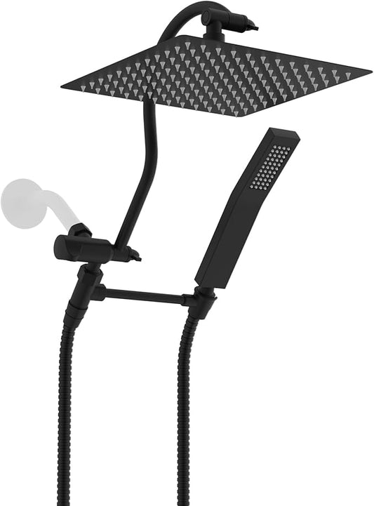 Hibbent All Metal Shower Head, 10'' High Pressure Rainfall Shower Head, Showerhead Combo, Handheld Shower Wand, 12'' Adjustable Curved Shower Extension Arm, 71'' Hose, Shower Head Holder, Matte Black