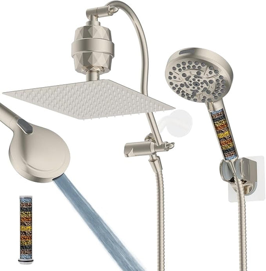 Hibbent All Metal 12'' Filtered Rainfall Shower Head Combo, High Pressure Handheld Shower Head with 12'' Adjustable Curved Extension Arm, 20 Stage Shower Filter, 10-spray, 71'' Hose, Brushed Nickel