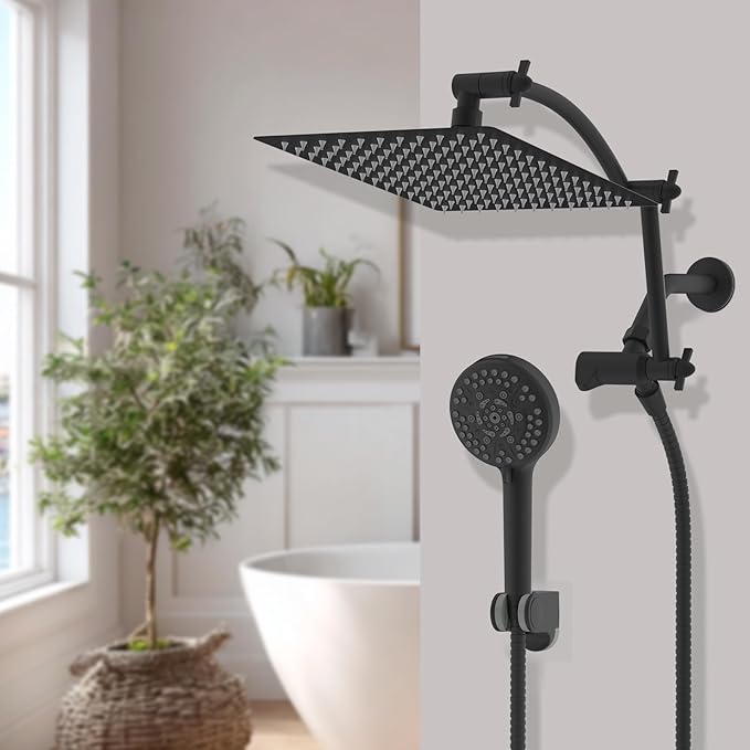 Hibbent All Metal Shower Head, 12'' High Pressure Rain Shower Head/Handheld Showerhead Combo with 16'' Adjustable Arc-shaped Extension Arm, 10 Sprays, 71'' Hose, Showerhead Holder, Matte Black