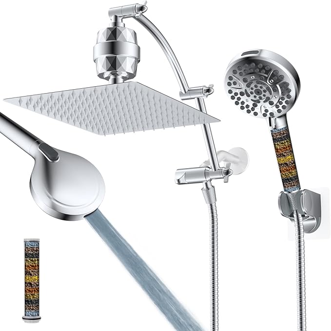 Hibbent All Metal 12'' Dual Filtered Rainfall Shower Head Combo, High Pressure Handheld Shower Head with 16'' Adjustable Arc Extension Arm, 20 Stage Shower Filter, 10-spray, 71'' Shower Hose, Chrome