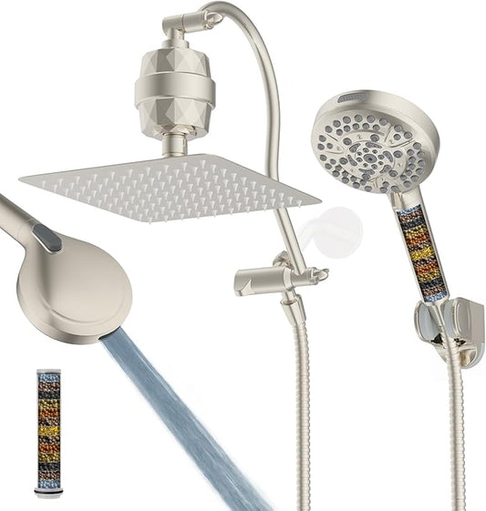 Hibbent All Metal 10'' Filtered Rainfall Shower Head Combo, High Pressure Handheld Shower Head with 12'' Adjustable Curved Extension Arm, 20 Stage Shower Filter, 10-spray, 71'' Hose, Brushed Nickel