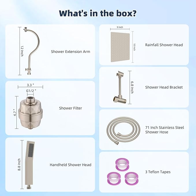 Hibbent All Metal 10'' Filtered Rainfall Shower Head Combo, High Pressure Handheld Shower Wand, 12'' Adjustable Extension Arm, 20 Stage Shower Filter, 71'' Hose, Shower Head Holders, Brushed Nickel