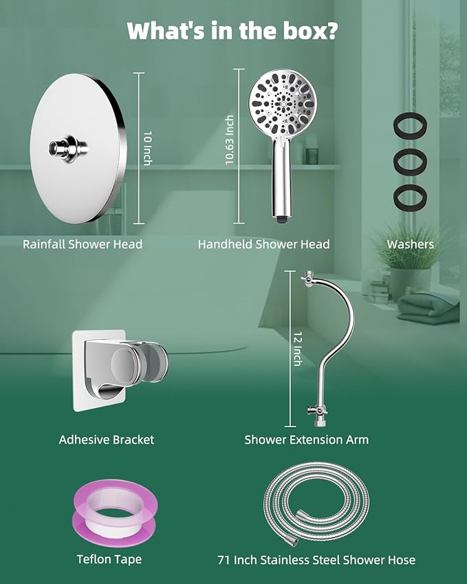 Hibbent 10'' Self-cleaning Rainfall Shower Head, High Pressure Handheld Shower Head, Showerhead Combo with 12'' Adjustable Curved Shower Extension Arm, 7-Spray, 71'' Hose, Showerhead Holder, Chrome