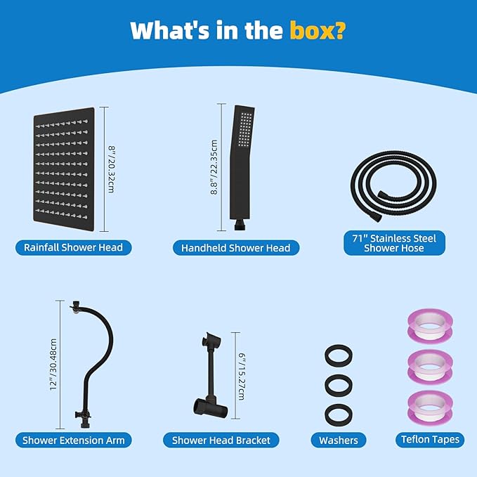 Hibbent All Metal Shower Head, 8'' High Pressure Rainfall Shower Head, Showerhead Combo, Handheld Shower Wand, 12'' Adjustable Curved Extension Arm, 71'' Hose, Shower Head Holder, Oil Rubbed Bronze