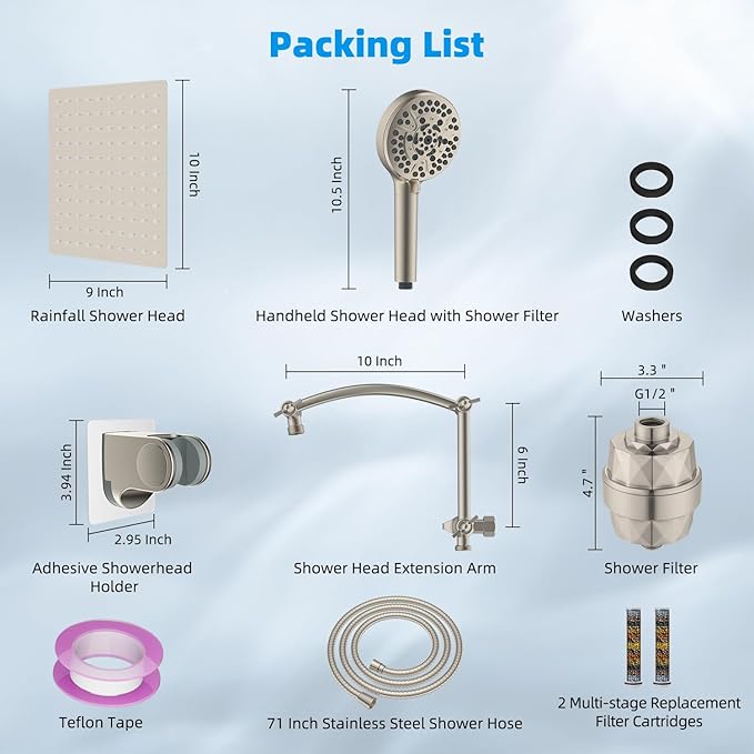 Hibbent All Metal 10'' Dual Filtered Rainfall Shower Head Combo, High Pressure Handheld Shower Head with 16'' Adjustable Extension Arm, 20 Stage Shower Filter, 10-spray, 71'' Hose, Brushed Nickel