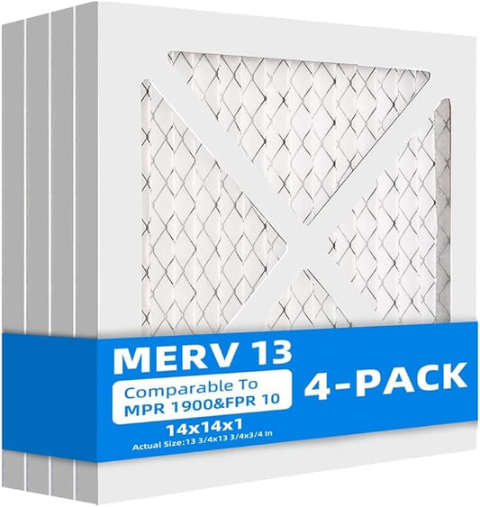 (4 Pack) 14x14x1 Furnace Air Filters, MPR 1900 & FPR 10, MERV 13 Pleated Air Filter (Actual Size: 13.75x13.75x0.75 inch)
