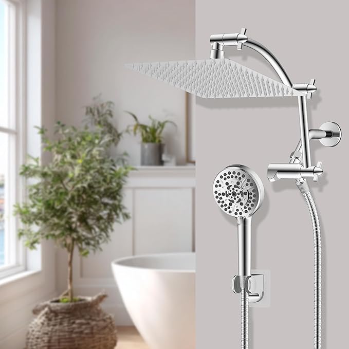 Hibbent All Metal Shower Head, 12'' High Pressure Rain Shower Head/Handheld Showerhead Combo with 16'' Adjustable Arc-shaped Extension Arm, 10 Sprays, 71'' Hose, Adhesive Showerhead Holder, Chrome