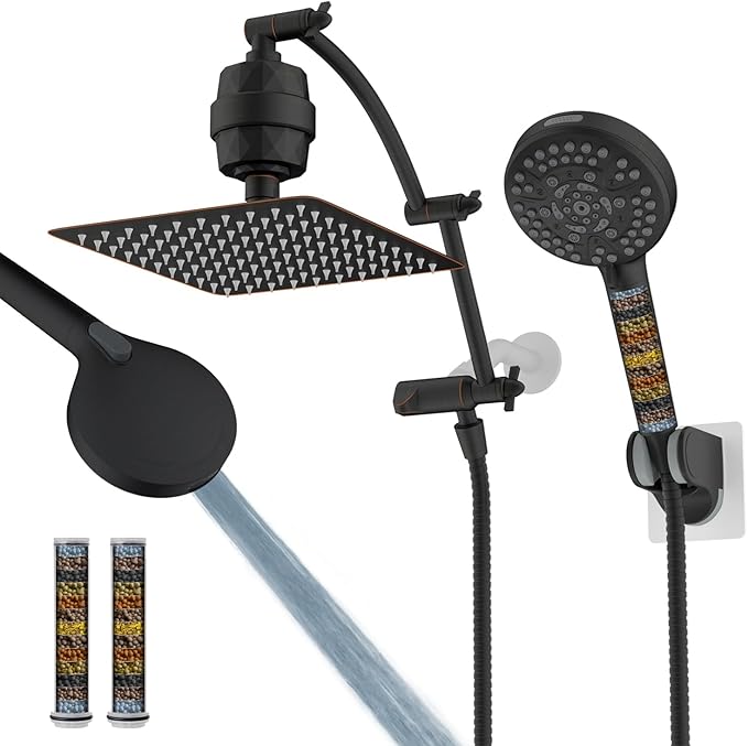 Hibbent All Metal 10'' Dual Filtered Rainfall Shower Head Combo, High Pressure Handheld Shower Head, 16'' Adjustable Arc Extension Arm, 20 Stage Shower Filter, 10-spray, 71'' Hose, Oil Rubbed Bronze