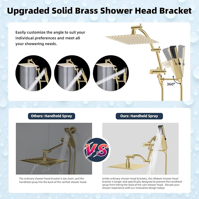 Hibbent All Metal 10'' Rainfall Shower Head, Shower Head Combo, High Pressure Handheld Shower Wand, 4 Sprays, 16'' Adjustable Arc-shaped Extension Arm, 71'' Hose, Showerhead Holder, Brushed Gold