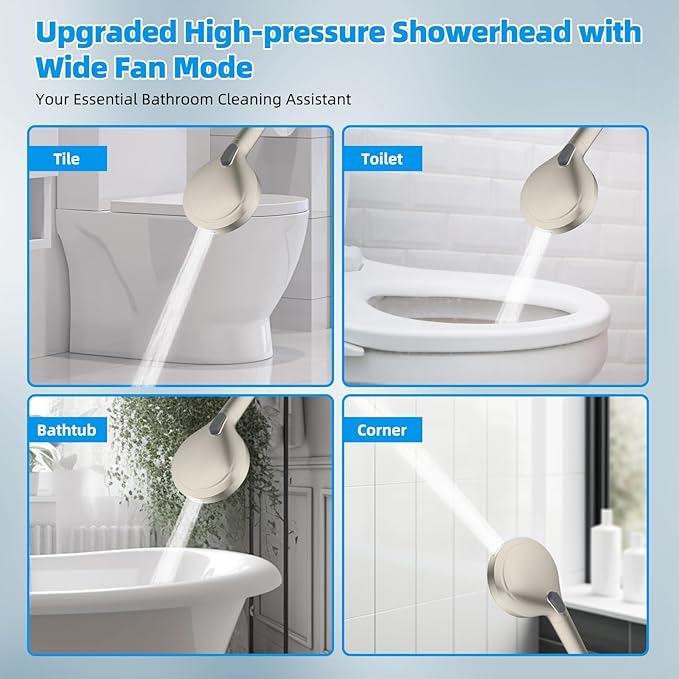 Hibbent All Metal Shower Head, 10'' High Pressure Rainfall Shower Head/Handheld Showerhead Combo/ 12'' Adjustable Curved Shower Extension Arm, 10-Spray, 71'' Adhesive Showerhead Holder, Brushed Nickel