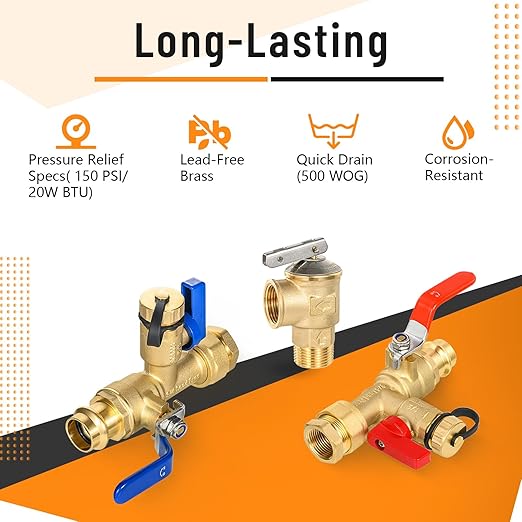 (Set of 1 Kit) HeSun 3/4" FIP X 3/4" PRESS IPS Isolator Tankless Water Heater Service Valve Kit, with Pressure Relief Valve