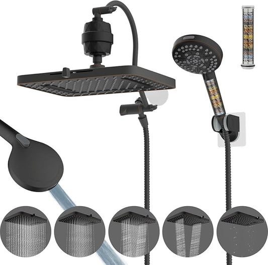 Hibbent 5-spray 13'' Dual Filtered Rainfall Shower Head Combo, High Pressure 10-setting Handheld Shower Head with 12'' Adjustable Extension Arm, 20 Stage Shower Filter, 71'' Hose, Oil Rubbed Bronze