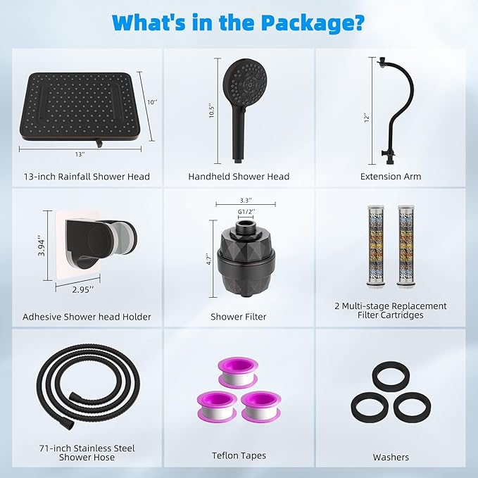 Hibbent 5-spray 13'' Dual Filtered Rainfall Shower Head Combo, High Pressure 10-setting Handheld Shower Head with 12'' Adjustable Extension Arm, 20 Stage Shower Filter, 71'' Hose, Oil Rubbed Bronze