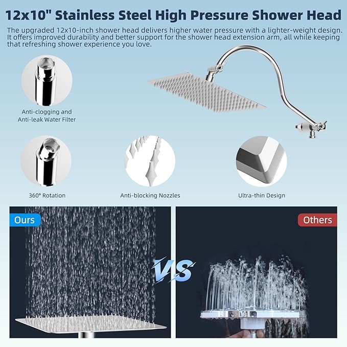 Hibbent 12'' All Metal Shower Head, High Pressure Rainfall Shower Head, Handheld Showerhead Combo, 12'' Adjustable Curved Shower Extension Arm, 10-Spray, 71'' Hose, Adhesive Showerhead Holder, Chrome