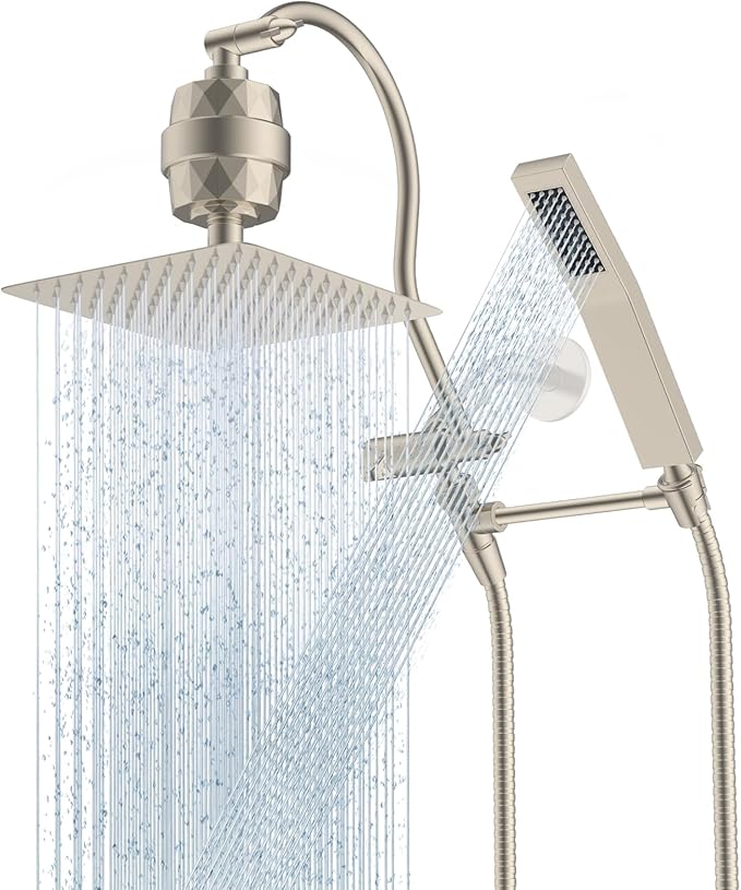 Hibbent All Metal 10'' Filtered Rainfall Shower Head Combo, High Pressure Handheld Shower Wand, 12'' Adjustable Extension Arm, 20 Stage Shower Filter, 71'' Hose, Shower Head Holders, Brushed Nickel