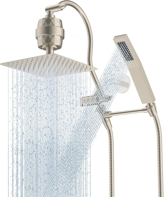 Hibbent All Metal 10'' Filtered Rainfall Shower Head Combo, High Pressure Handheld Shower Wand, 12'' Adjustable Extension Arm, 20 Stage Shower Filter, 71'' Hose, Shower Head Holders, Brushed Nickel