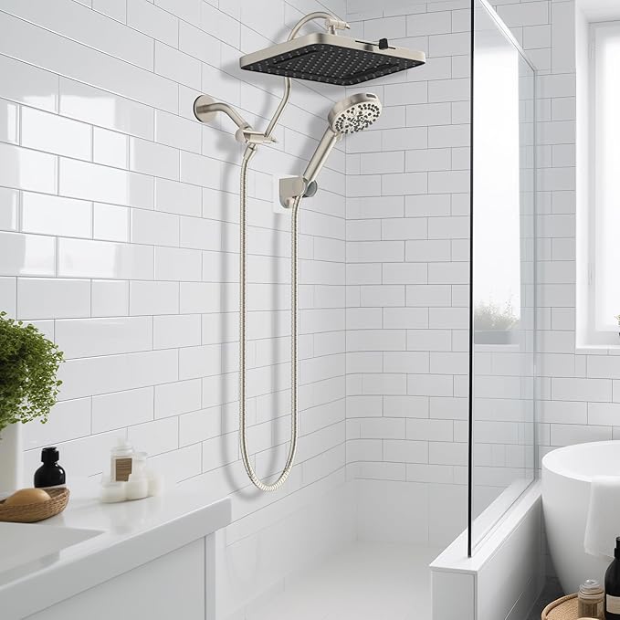 Hibbent 5-spray 13'' Shower Head, High Pressure Rainfall Shower Head, Dual Showerhead Combo with 10-mode Handheld Spray, 12'' Adjustable Extension Arm, 71'' Hose, Showerhead Holder, Brushed Nickel