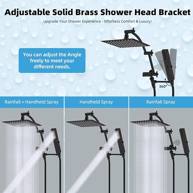 Hibbent All Metal 8'' Rainfall Shower Head, Shower Head Combo, High Pressure Handheld Shower Wand, 4 Sprays, 16'' Adjustable Arc-shaped Extension Arm, 71'' Hose, Showerhead Holder, Oil Rubbed Bronze