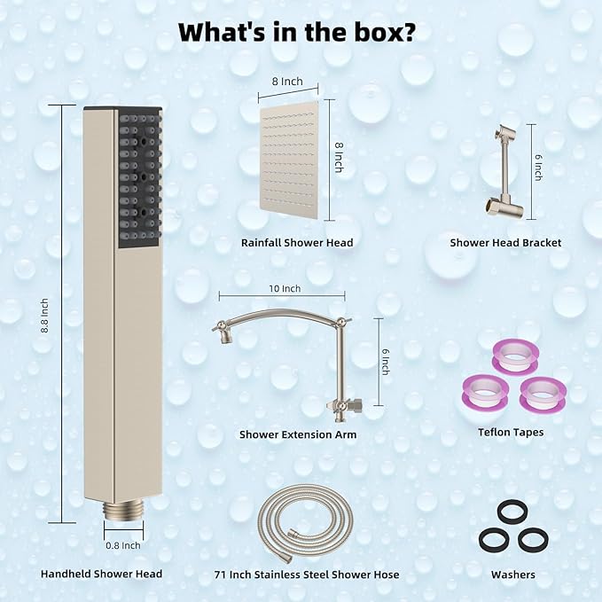 Hibbent All Metal 8'' Rainfall Shower Head, Shower Head Combo, High Pressure Handheld Shower Wand, 4 Sprays, 16'' Adjustable Arc-shaped Extension Arm, 71'' Hose, Showerhead Holder, Brushed Nickel