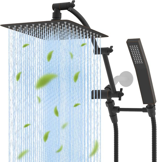 Hibbent All Metal 10'' Rainfall Shower Head, Shower Head Combo, High Pressure Handheld Shower Wand, 16'' Adjustable Arc-shaped Shower Extension Arm, 71'' Hose, Showerhead Holder, Oil Rubbed Bronze