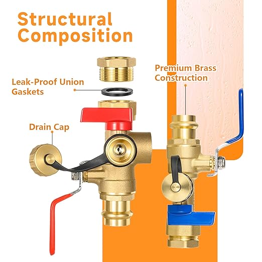 (Set of 1 Kit) HeSun 3/4" FIP X 3/4" PRESS IPS Isolator Tankless Water Heater Service Valve Kit, with Pressure Relief Valve