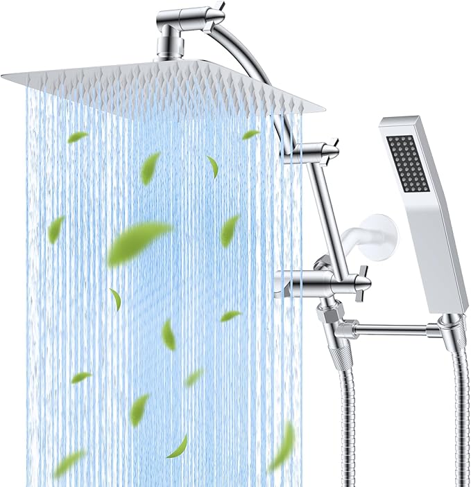 Hibbent All Metal 10'' Rainfall Shower Head, Dual Shower Head Combo, High Pressure Handheld Shower Wand, 16'' Adjustable Arc-shaped Shower Extension Arm, 71'' Hose, Showerhead Holder, Chrome