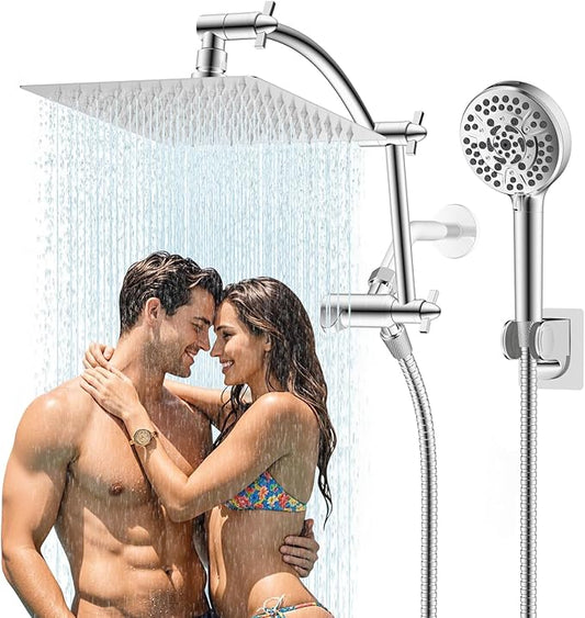 Hibbent All Metal Shower Head, 8'' High Pressure Rain Shower Head/Handheld Showerhead Combo with 16'' Adjustable Arc-shaped Extension Arm, 10 Sprays, 71'' Hose, Adhesive Showerhead Holder, Chrome