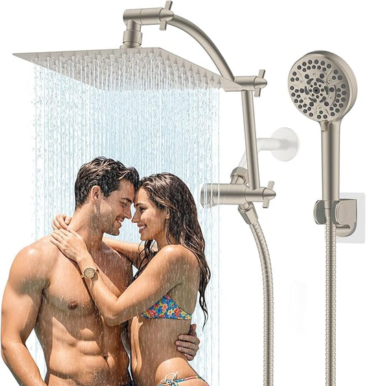 Hibbent All Metal Shower Head, 8'' High Pressure Rain Shower Head/Handheld Showerhead Combo with 16'' Adjustable Arc-shaped Extension Arm, 10 Sprays, 71'' Hose, Showerhead Holder, Brushed Nickel
