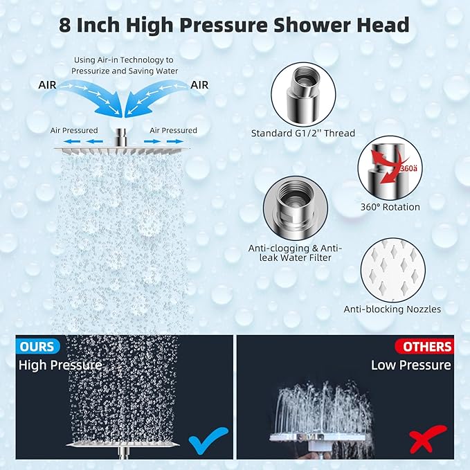Hibbent All Metal 8'' Rainfall Shower Head, Square Shower Head Combo, High Pressure Handheld Shower Wand, 4 Sprays, 16'' Adjustable Arc-shaped Extension Arm, 71'' Hose, Showerhead Holder, Chrome