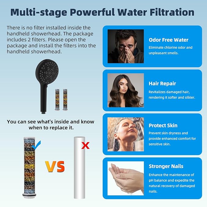 Hibbent All Metal 10'' Dual Filtered Rainfall Shower Head Combo, High Pressure Handheld Shower Head with 12'' Adjustable Curved Extension Arm, 20 Stage Shower Filter, 10-spray, 71'' Hose, Matte Black