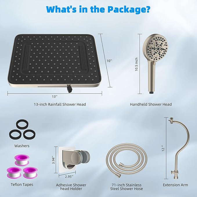 Hibbent 5-spray 13'' Shower Head, High Pressure Rainfall Shower Head, Dual Showerhead Combo with 10-mode Handheld Spray, 12'' Adjustable Extension Arm, 71'' Hose, Showerhead Holder, Brushed Nickel