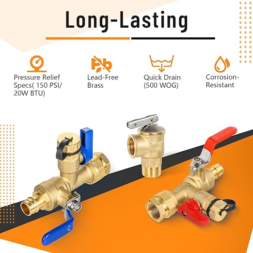 (Set of 1 Kit) HeSun 3/4" FIP X 3/4" PEX-A Expansion IPS Isolator Tankless Water Heater Service Valve Kit, with Pressure Relief Valve