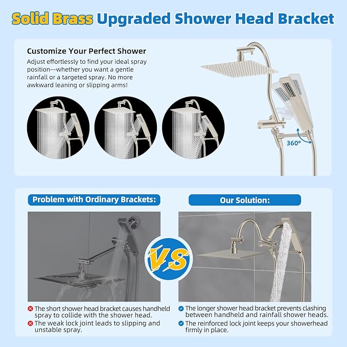 Hibbent All Metal Shower Head, 8'' High Pressure Rainfall Shower Head, Showerhead Combo, Handheld Shower Wand, 12'' Adjustable Curved Extension Arm, 71'' Hose, Shower Head Holder, Brushed Nickel