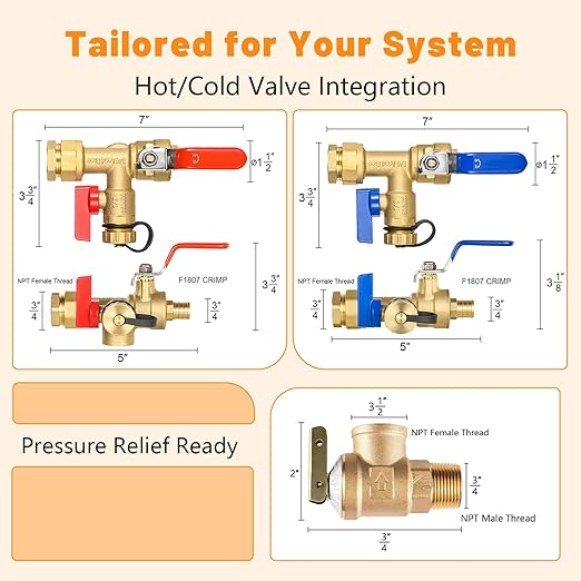 (Set of 1 Kit) HeSun 3/4" FIP X 3/4" PEX-B Crimp IPS Isolator Tankless Water Heater Service Valve Kit, with Pressure Relief Valve
