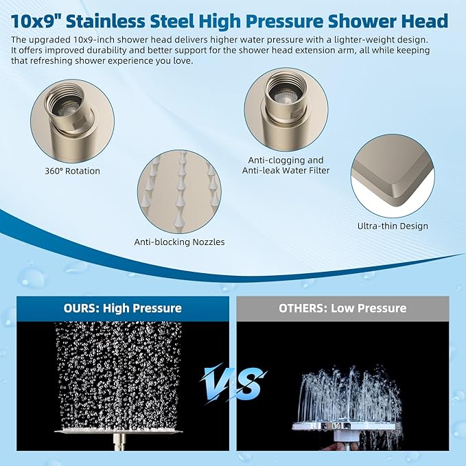 Hibbent All Metal Shower Head, 10'' High Pressure Rain Shower Head/Handheld Showerhead Combo with 16'' Adjustable Arc-shaped Extension Arm, 10 Sprays, 71'' Hose, Showerhead Holder, Brushed Nickel