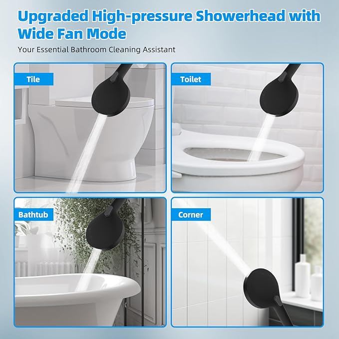 Hibbent 12'' All Metal Shower Head, High Pressure Rainfall Shower Head/Handheld Showerhead Combo/ 12'' Adjustable Curved Shower Extension Arm, 10-Spray, 71'' Hose, Showerhead Holder, Matte Black