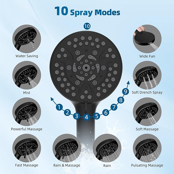Hibbent All Metal Shower Head, 10'' High Pressure Rain Shower Head/Handheld Showerhead Combo with 16'' Adjustable Extension Arm, 10 Sprays, 71'' Hose, Adhesive Showerhead Holder, Matte Black