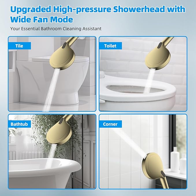 Hibbent All Metal Shower Head, 10'' High Pressure Rainfall Shower Head/Handheld Showerhead Combo with 12'' Adjustable Curved Shower Extension Arm, 10-Spray, 71'' Hose, Showerhead Holder, Brushed Gold
