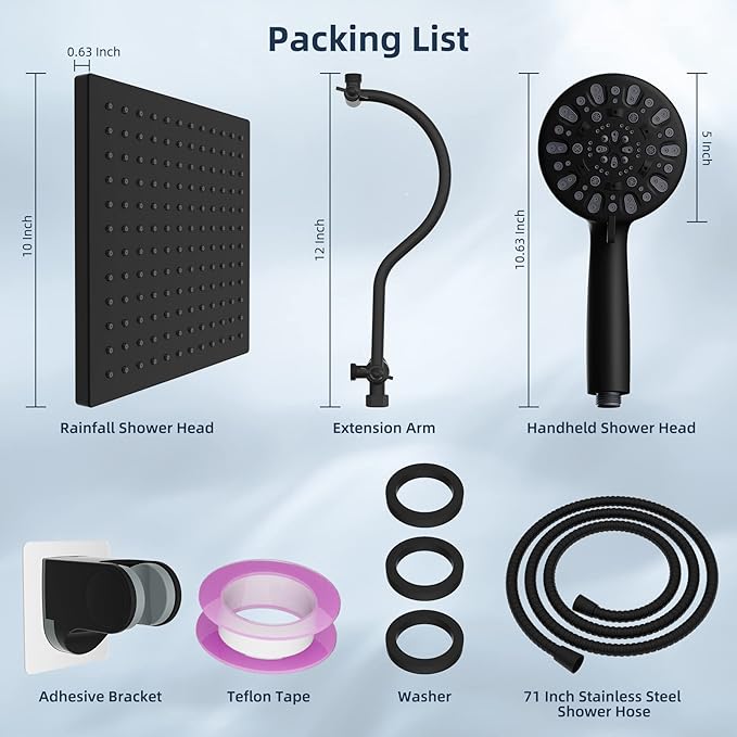 Hibbent 10 Inch High Pressure Rainfall Shower Head/Handheld Showerhead Combo with 12 Inch Adjustable Curved Shower Extension Arm,7-Spray,71-inch Hose Adhesive Showerhead Holder,Matte Black