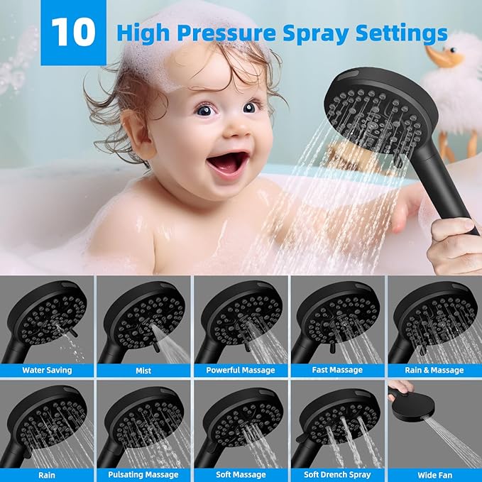 Hibbent All Metal 12'' Dual Filtered Rainfall Shower Head Combo, High Pressure Handheld Shower Head with 12'' Adjustable Curved Extension Arm, 20 Stage Shower Filter, 10-spray, 71'' Hose, Matte Black