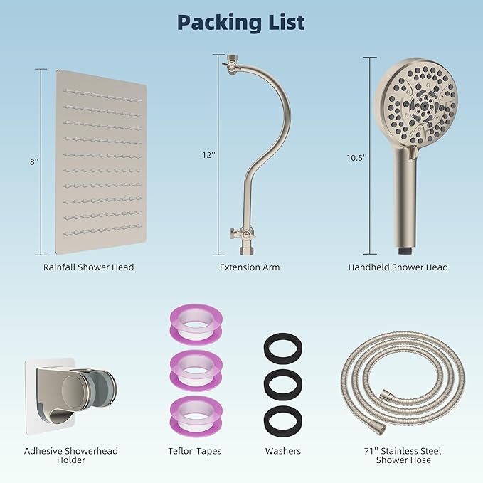Hibbent All Metal Shower Head, 8'' High Pressure Rainfall Shower Head, Handheld Showerhead Combo with 12'' Adjustable Curved Extension Arm, 10-Spray, 71'' Hose, Showerhead Holder, Brushed Nickel