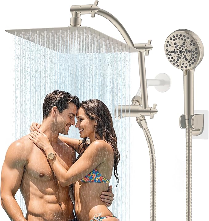 Hibbent All Metal Shower Head, 10'' High Pressure Rain Shower Head/Handheld Showerhead Combo with 16'' Adjustable Arc-shaped Extension Arm, 10 Sprays, 71'' Hose, Showerhead Holder, Brushed Nickel