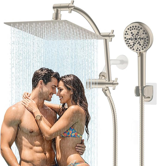Hibbent All Metal Shower Head, 10'' High Pressure Rain Shower Head/Handheld Showerhead Combo with 16'' Adjustable Arc-shaped Extension Arm, 10 Sprays, 71'' Hose, Showerhead Holder, Brushed Nickel