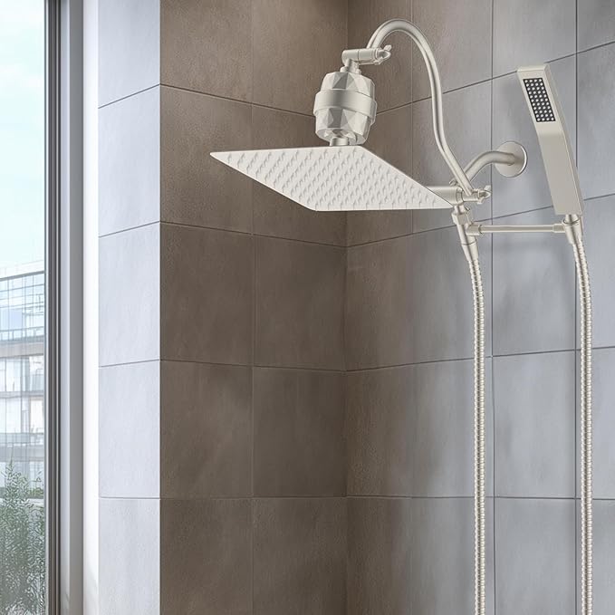 Hibbent All Metal 10'' Filtered Rainfall Shower Head Combo, High Pressure Handheld Shower Wand, 12'' Adjustable Extension Arm, 20 Stage Shower Filter, 71'' Hose, Shower Head Holders, Brushed Nickel