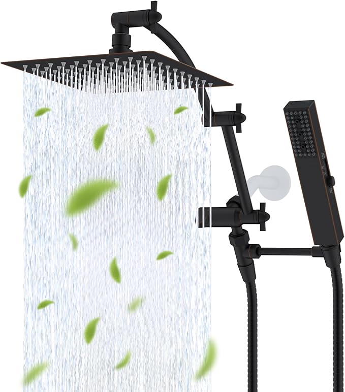 Hibbent All Metal 8'' Rainfall Shower Head, Shower Head Combo, High Pressure Handheld Shower Wand, 4 Sprays, 16'' Adjustable Arc-shaped Extension Arm, 71'' Hose, Showerhead Holder, Oil Rubbed Bronze