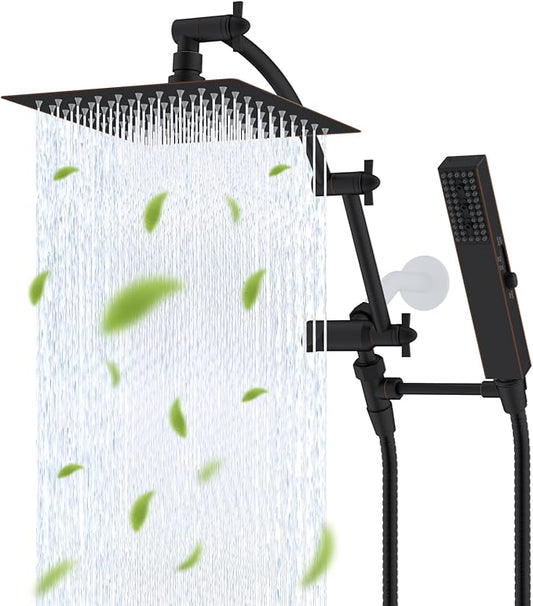 Hibbent All Metal 8'' Rainfall Shower Head, Shower Head Combo, High Pressure Handheld Shower Wand, 4 Sprays, 16'' Adjustable Arc-shaped Extension Arm, 71'' Hose, Showerhead Holder, Oil Rubbed Bronze