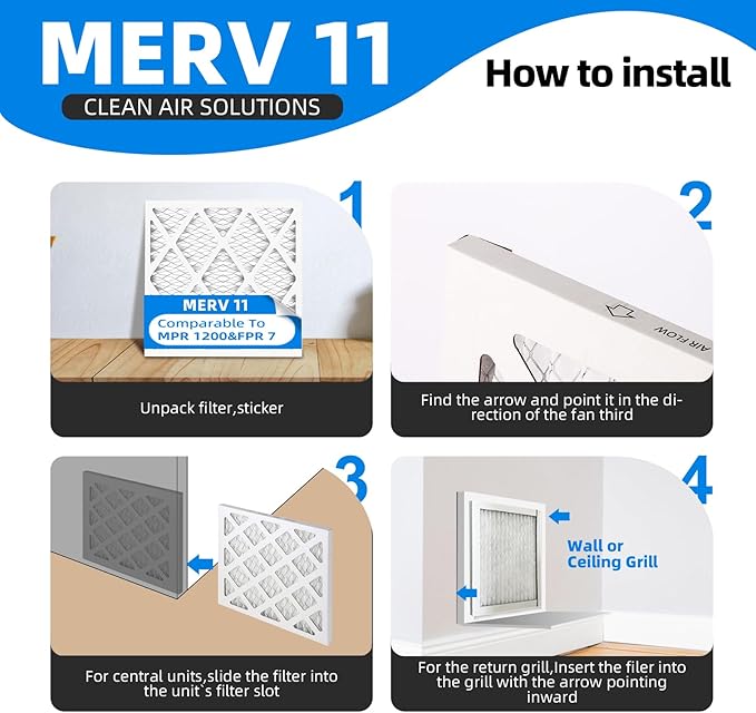 (4 Pack) 14x20x1 Furnace Air Filters, MPR 1200 & FPR 7, MERV 11 Pleated Air Filter (Actual Size: 13.75"x19.75"x0.75")